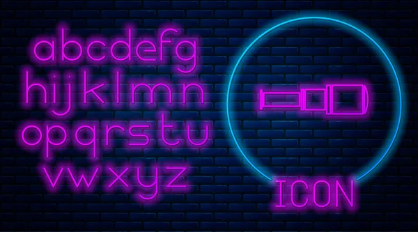 Glowing neon Spyglass telescope lens icon isolated on brick wall background. Sailor spyglass. Neon light alphabet. Vector Illustration — 스톡 벡터