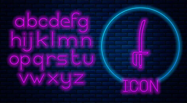 Glowing neon Pirate sword icon isolated on brick wall background. Sabre sign. Neon light alphabet. Vector Illustration — 스톡 벡터