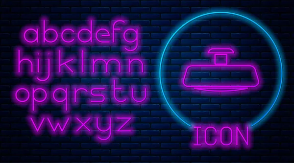 Gloeiende neon Car spiegel pictogram geïsoleerd op baksteen muur achtergrond. Neon licht alfabet. Vector Illustratie — Stockvector