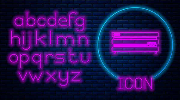 Leuchtende Neon-Videospielkonsolen-Symbol isoliert auf Ziegelwand Hintergrund. Neonlicht-Alphabet. Vektorillustration — Stockvektor