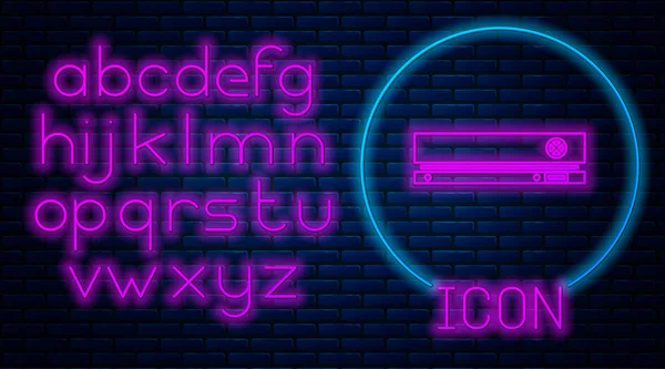 Leuchtende Neon-Videospielkonsolen-Symbol isoliert auf Ziegelwand Hintergrund. Neonlicht-Alphabet. Vektorillustration — Stockvektor