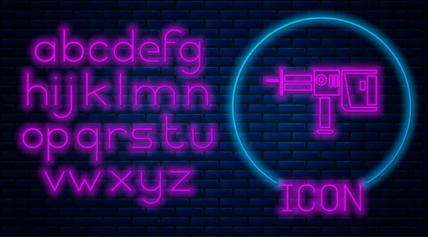 Glowing neon Electric rotary hammer drill machine icon isolated on brick wall background. Working tool for construction, finishing, repair work. Neon light alphabet. Vector Illustration — 스톡 벡터