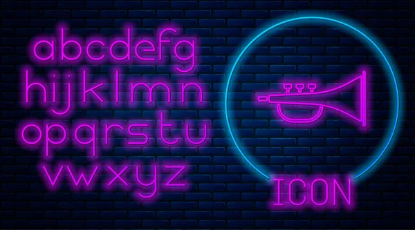 Gloeiende neon Muzikaal instrument trompet icoon geïsoleerd op baksteen muur achtergrond. Neon licht alfabet. Vector Illustratie — Stockvector