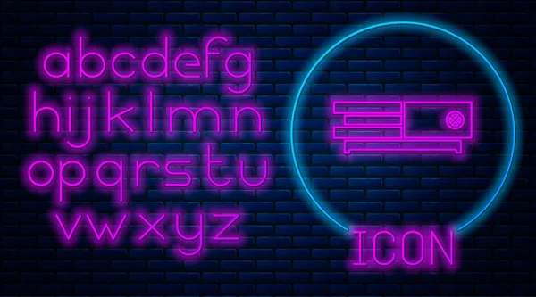 Leuchtende Neon-Videospielkonsolen-Symbol isoliert auf Ziegelwand Hintergrund. Neonlicht-Alphabet. Vektorillustration — Stockvektor