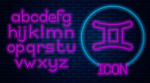 Leuchtende neon gemini Sternzeichen Symbol isoliert auf Backsteinwand Hintergrund. astrologische Horoskopsammlung. Neonlicht-Alphabet. Vektorillustration — Stockvektor