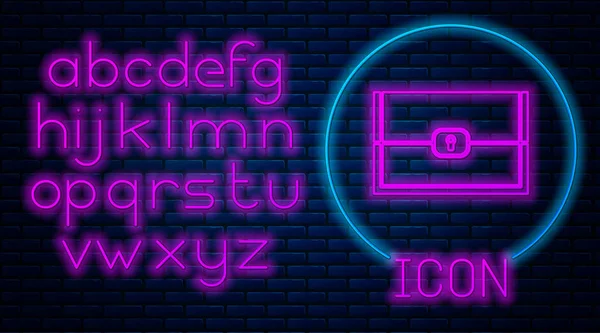 Leuchtende Neon-Truhe für Spiel-Ikone isoliert auf Backsteinwand Hintergrund. Neonlicht-Alphabet. Vektorillustration — Stockvektor