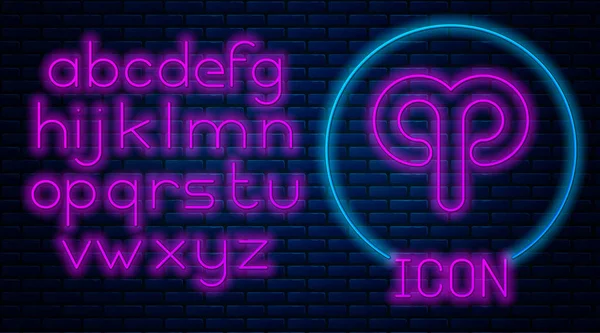 Leuchtende Leuchtschrift Sternzeichen Symbol isoliert auf Backsteinwand Hintergrund. astrologische Horoskopsammlung. Neonlicht-Alphabet. Vektorillustration — Stockvektor