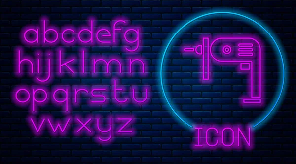 Gloeiende neon Elektrische boor machine pictogram geïsoleerd op baksteen muur achtergrond. Reparatie gereedschap. Neon licht alfabet. Vector Illustratie — Stockvector