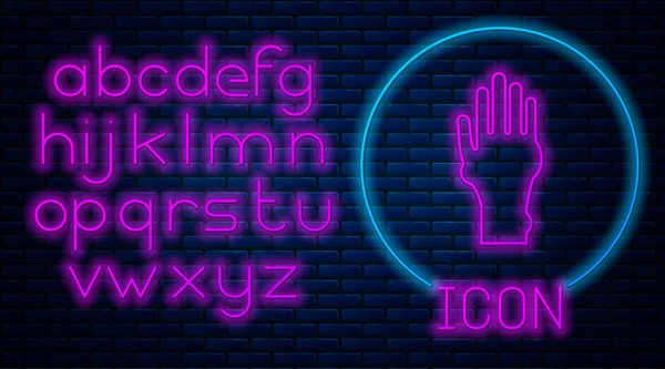 Glowing neon Hand with psoriasis or eczema icon isolated on brick wall background. Concept of human skin response to allergen or chronic body problem. Neon light alphabet. Vector Illustration — 스톡 벡터