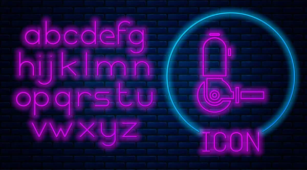 Gloeiende neon hoek slijper pictogram geïsoleerd op baksteen muur achtergrond. Neon licht alfabet. Vector Illustratie — Stockvector