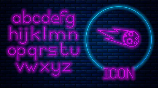 Glödande neon Comet faller ner snabb ikon isolerad på tegelvägg bakgrund. Neonljus alfabet. Vektor Illustration — Stock vektor