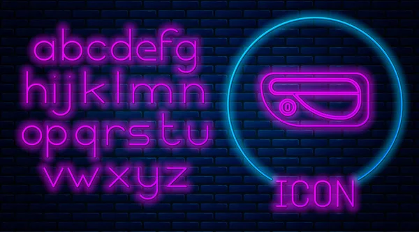 Glowing neon Car door handle icon isolated on brick wall background. Neon light alphabet. Vector Illustration — 스톡 벡터