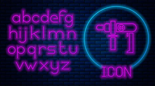 Glowing neon Electric drill machine icon isolated on brick wall background. Repair tool. Neon light alphabet. Vector Illustration — 스톡 벡터