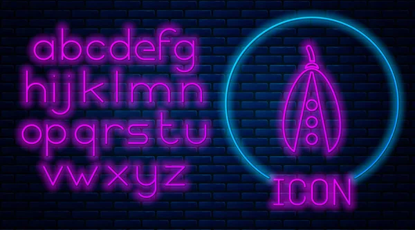 Glowing neon Kidney beans icon isolated on brick wall background. Neon light alphabet. Vector Illustration — 스톡 벡터