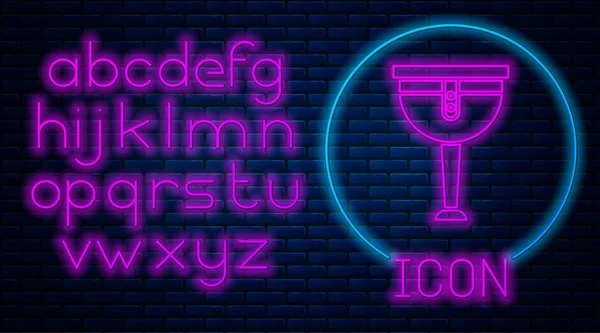 Leuchtende neonfarbene Piratenbein-Ikone isoliert auf Backsteinwand Hintergrund. Neonlicht-Alphabet. Vektorillustration — Stockvektor