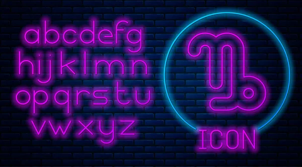 Glowing neon Capricorn zodiac sign icon isolated on brick wall background. Astrological horoscope collection. Neon light alphabet. Vector Illustration — 스톡 벡터