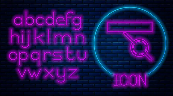 Glowing neon Pirate eye patch icon isolated on brick wall background. Pirate accessory. Neon light alphabet. Vector Illustration — Stock Vector