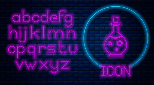 Gloeiende neon Glazen fles met magisch elixer pictogram geïsoleerd op bakstenen muur achtergrond. Computerspel aanwinst. Neon licht alfabet. Vector Illustratie — Stockvector