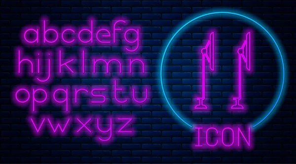 Glowing neon Windscreen wiper icon isolated on brick wall background. Neon light alphabet. Vector Illustration — Stock Vector