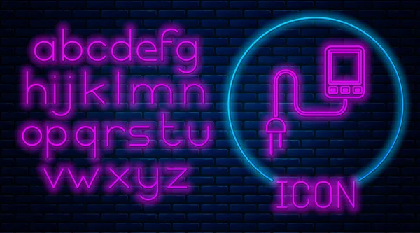 Leuchtende Neon-Sensor-Symbol isoliert auf Ziegelwand Hintergrund. Neonlicht-Alphabet. Vektorillustration — Stockvektor