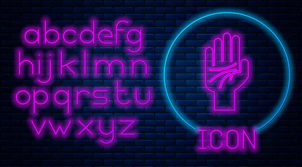 Zářící neon Palmistry ikony ruky izolované na pozadí cihlové zdi. Neonová světlá abeceda. Vektorová ilustrace — Stockový vektor