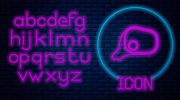 Glowing neon Car mirror icon isolated on brick wall background. Neon light alphabet. Vector Illustration — Stock Vector