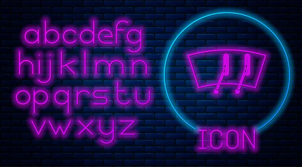 Glowing neon Windscreen wiper icon isolated on brick wall background. Neon light alphabet. Vector Illustration — Stock Vector