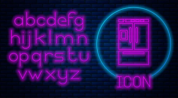 Świecąca Neon ikona lodówki izolowane na tle muru ceglanego. Lodówka zamrażarka. Technika i sprzęt AGD. Neon światła alfabetu. Ilustracja wektorowa — Wektor stockowy