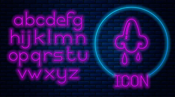 Glowing neon Runny nose icon isolated on brick wall background. Rhinitis symptoms, treatment. Nose and sneezing. Nasal diseases. Neon light alphabet. Vector Illustration — 스톡 벡터