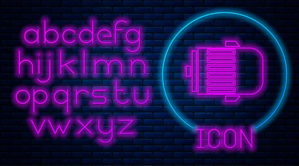 Glowing neon Electric engine icon isolated on brick wall background. Car alternator. Neon light alphabet. Vector Illustration — 스톡 벡터