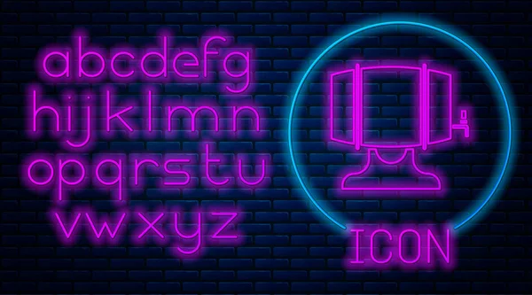 Glowing neon Wooden barrel on rack with stopcock icon isolated on brick wall background. Neon light alphabet. Vector Illustration — 스톡 벡터