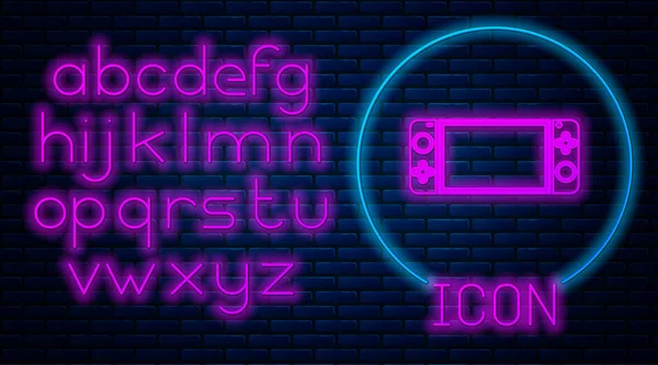 Glowing neon Portable video game console icon isolated on brick wall background. Gamepad sign. Gaming concept. Neon light alphabet. Vector Illustration — 스톡 벡터