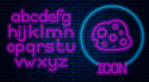Glowing neon Asteroid icon isolated on brick wall background. Neon light alphabet. Vector Illustration — Stock Vector