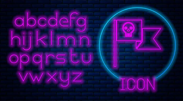 Glowing neon Pirate flag with skull icon isolated on brick wall background. Neon light alphabet. Vector Illustration — 스톡 벡터