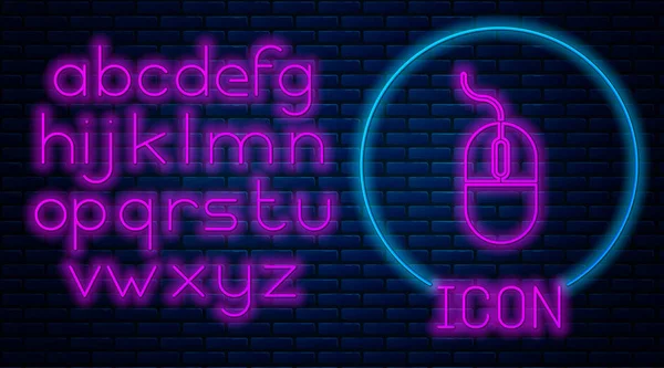 Glödande neon dator musen ikon isolerad på tegel vägg bakgrund. Optisk med hjulsymbol. Neonljus alfabet. Vektor Illustration — Stock vektor