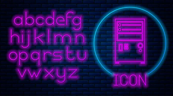 Lumineux néon icône de l'ordinateur isolé sur fond de mur de briques. Panneau composant PC. Alphabet néon. Illustration vectorielle — Image vectorielle