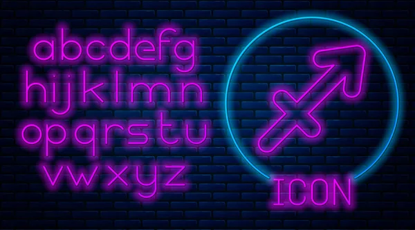 Glödande neon Skytten zodiak skylt ikon isolerad på tegel vägg bakgrund. Astrologiska horoskop samling. Neonljus alfabet. Vektor Illustration — Stock vektor