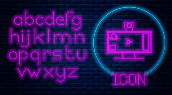 Glowing neon Live streaming online videogame play icon isolated on brick wall background. Neon light alphabet. Vector Illustration — 스톡 벡터