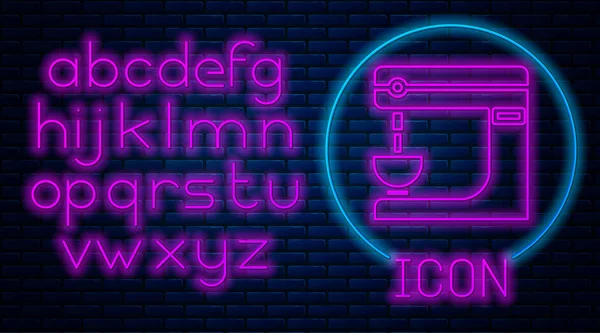 Glowing neon Electric mixer icon isolated on brick wall background. Kitchen blender. Neon light alphabet. Vector Illustration — 스톡 벡터