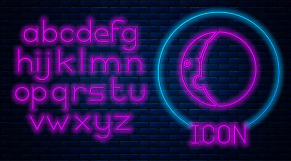 Leuchtende Neon Eclipse des Sonnensymbols isoliert auf Backsteinwand Hintergrund. Totale Sonarfinsternis. Neonlicht-Alphabet. Vektorillustration — Stockvektor