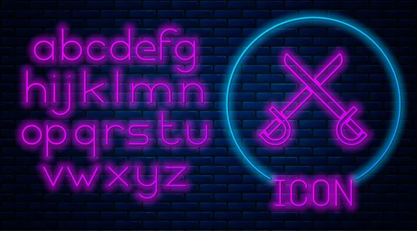 Glowing neon Crossed pirate swords icon isolated on brick wall background. Sabre sign. Neon light alphabet. Vector Illustration — Stock Vector
