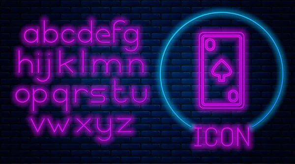 Glowing neon Playing card with diamonds symbol icon isolated on brick wall background. Casino gambling. Neon light alphabet. Vector Illustration — 스톡 벡터