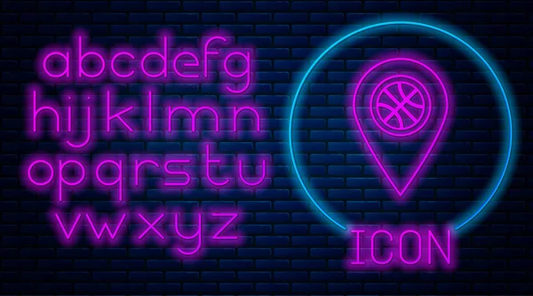 Leuchtende Neon-Location mit Basketball-Ball im Inneren Symbol isoliert auf Backstein-Wand-Hintergrund. Neonlicht-Alphabet. Vektorillustration — Stockvektor