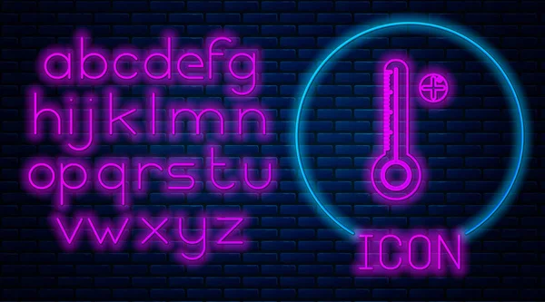 Glödande neon Medicinsk digital termometer för medicinsk undersökning ikon isolerad på tegelvägg bakgrund. Neonljus alfabet. Vektor Illustration — Stock vektor