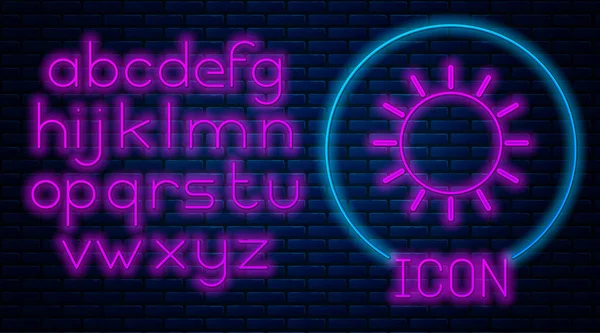 Gloeiende neon zon pictogram geïsoleerd op bakstenen muur achtergrond. Neon licht alfabet. Vector illustratie — Stockvector