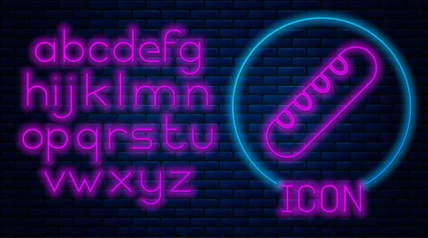 Gloeiend neon Frans stokbrood pictogram geïsoleerd op baksteen muur achtergrond. Neon licht alfabet. Vector Illustratie — Stockvector