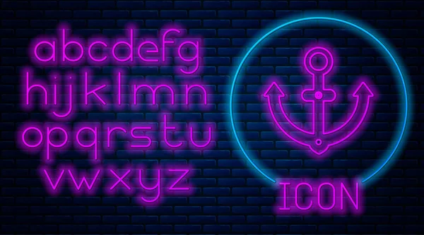 Glowing neon Anchor icon isolated on brick wall background. Neon light alphabet. Vector Illustration — Stock Vector