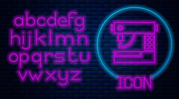 Glowing neon Sewing machine icon isolated on brick wall background. Neon light alphabet. Vector Illustration — 스톡 벡터