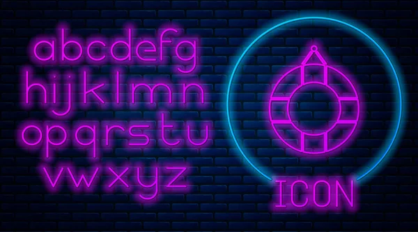 Glowing neon Lifebuoy icon isolated on brick wall background. Lifebelt symbol. Neon light alphabet. Vector Illustration — 스톡 벡터