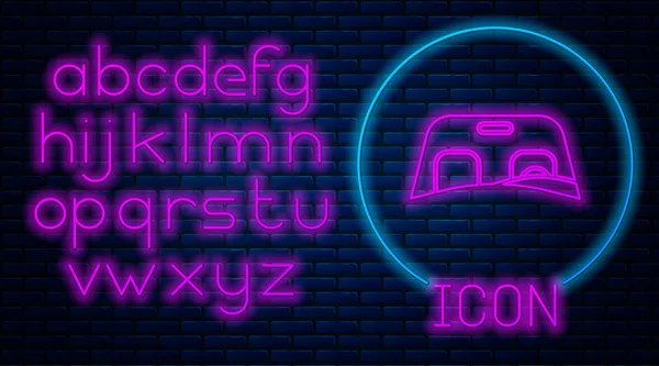 Leuchtende neonfarbene Autoscheibe Ikone isoliert auf Backsteinwand Hintergrund. Neonlicht-Alphabet. Vektorillustration — Stockvektor